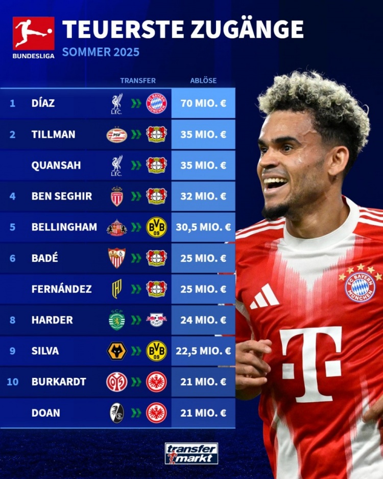 体育视频直播-德甲夏季转会投资排行：迪亚斯7000万欧元独占鳌头，勒沃库森五将入围